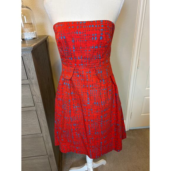 Tabitha by Anthropologie | Crosshatch Strapless Red/Blue Fit & Flare Dress | 6 - Picture 4 of 13